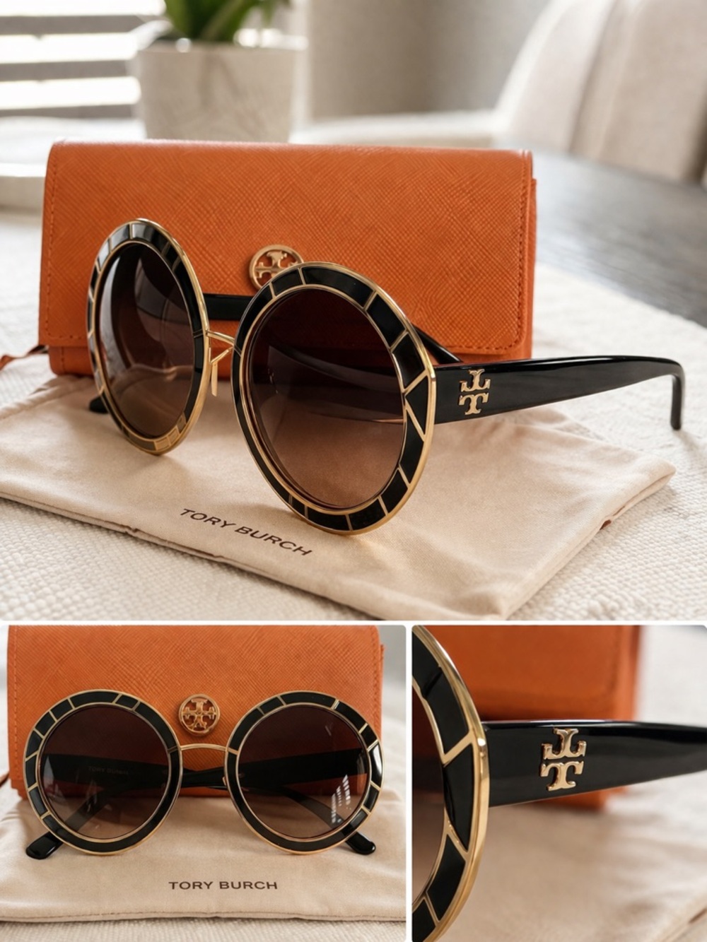Tory Burch Black and Gold Round Sunglasses with Orange Case